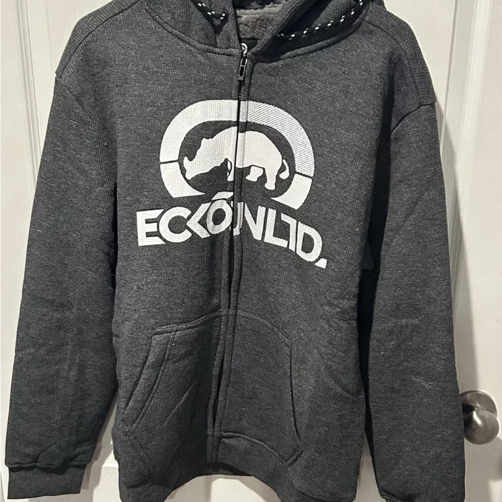 Ecko Unltd Charcoal Gray Large Logo Full-Zip Hoodie W/Camo Sherpa Lining